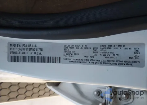 2021 Ram 1500 Laramie 4X4 5'7 Box из США, поврежденный, VIN 1C6SRFJT8MN511725